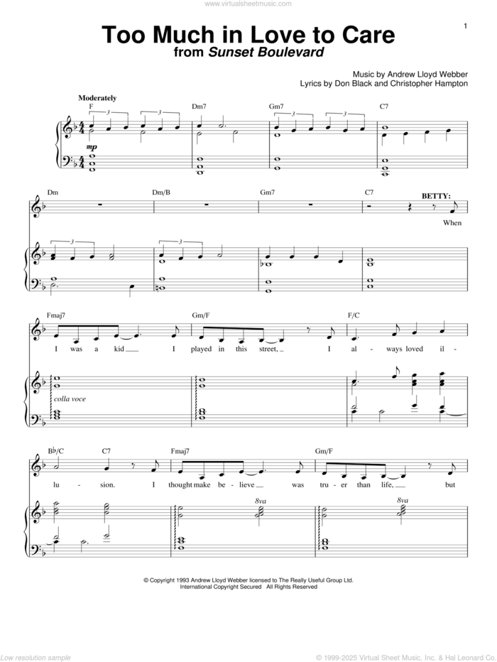 Too Much In Love To Care sheet music for voice and piano by Andrew Lloyd Webber, Christopher Hampton and Don Black, intermediate skill level