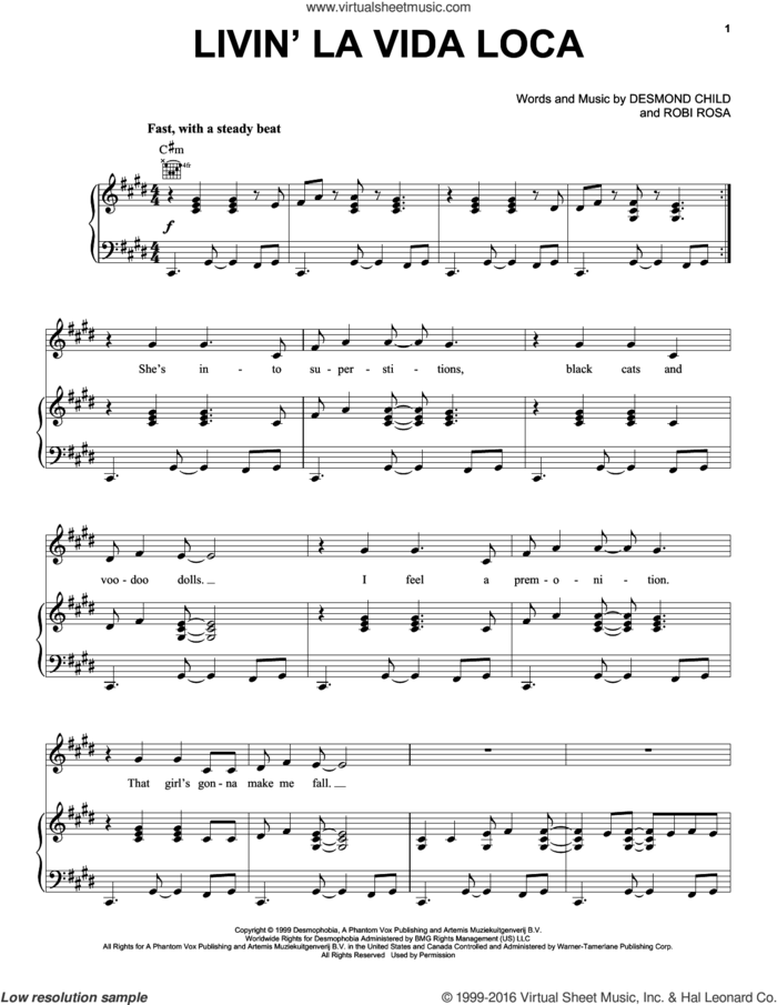 Livin' La Vida Loca sheet music for voice, piano or guitar by Ricky Martin, Desmond Child and Robi Rosa, intermediate skill level