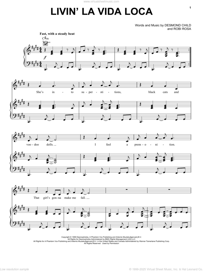 Livin' La Vida Loca sheet music for voice, piano or guitar by Ricky Martin, Desmond Child and Robi Rosa, intermediate skill level