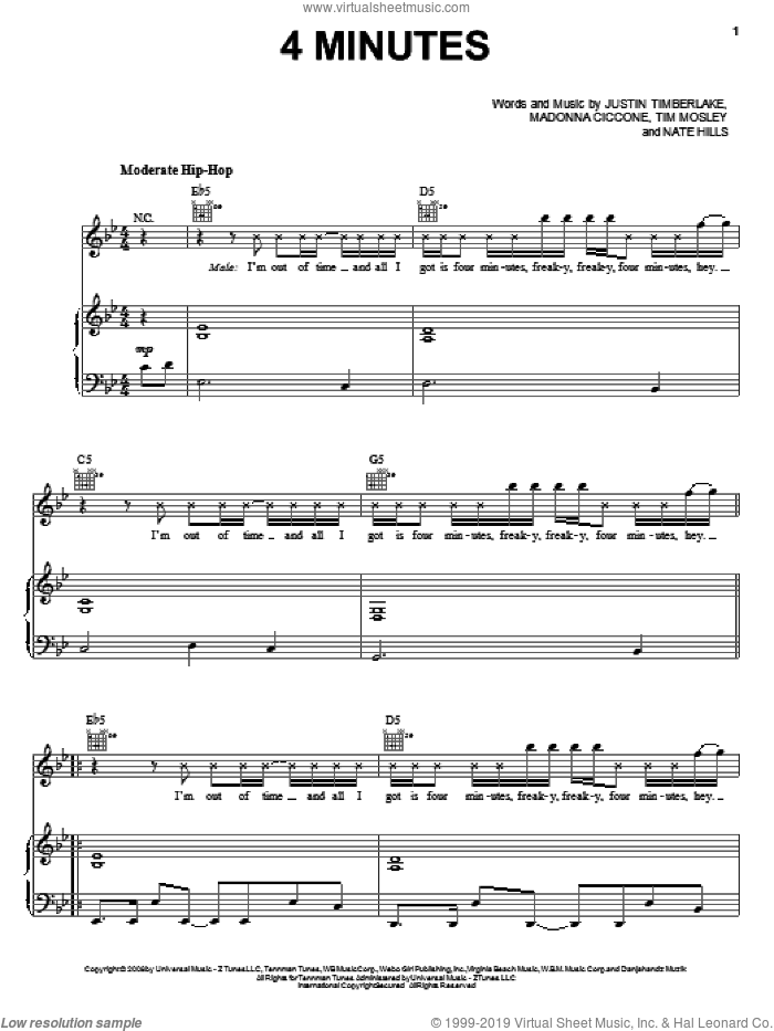 4 Minutes sheet music for voice, piano or guitar by Madonna featuring Justin Timberlake, Miscellaneous, Justin Timberlake, Madonna, Nate Hills and Tim Mosley, intermediate skill level