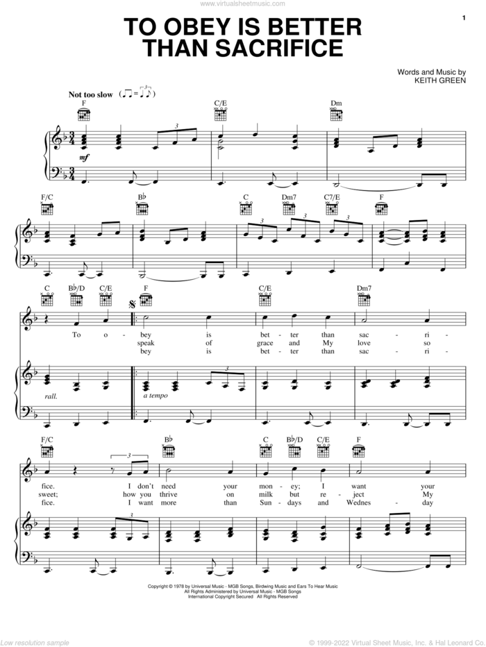 To Obey Is Better Than Sacrifice sheet music for voice, piano or guitar by Keith Green, intermediate skill level