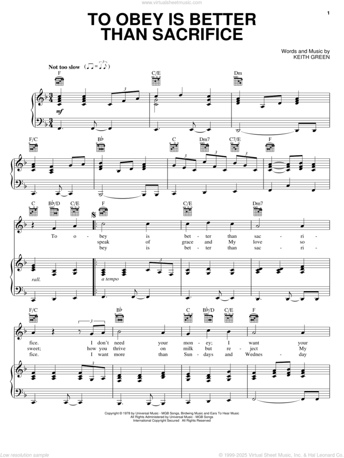 To Obey Is Better Than Sacrifice sheet music for voice, piano or guitar by Keith Green, intermediate skill level