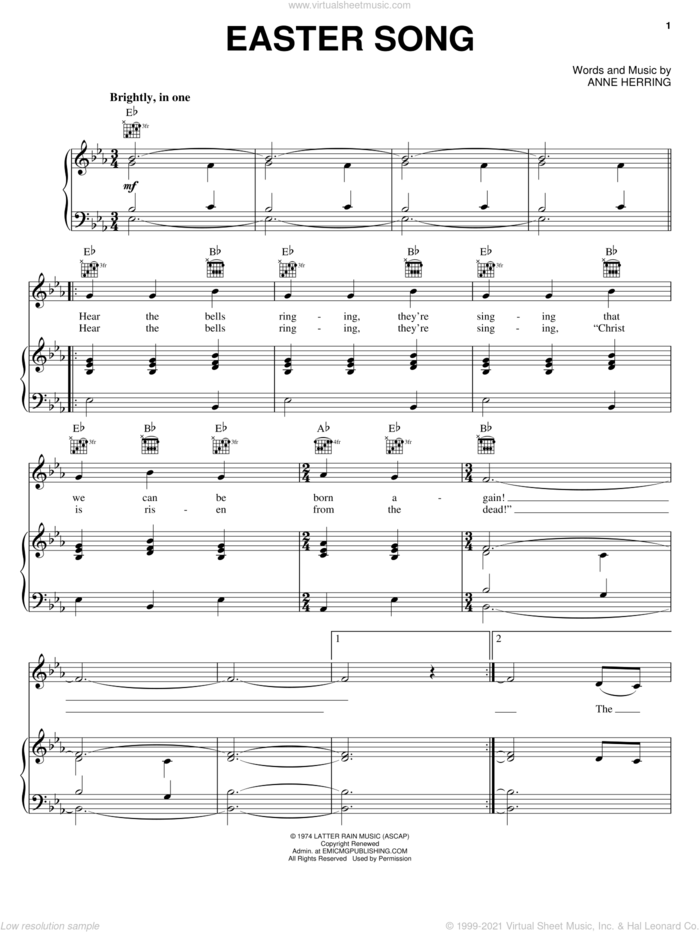 Easter Song sheet music for voice, piano or guitar by Keith Green and Anne Herring, intermediate skill level