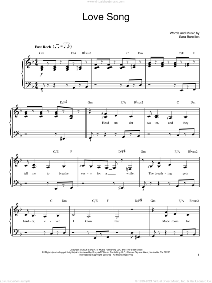 Love Song sheet music for piano solo by Sara Bareilles, easy skill level