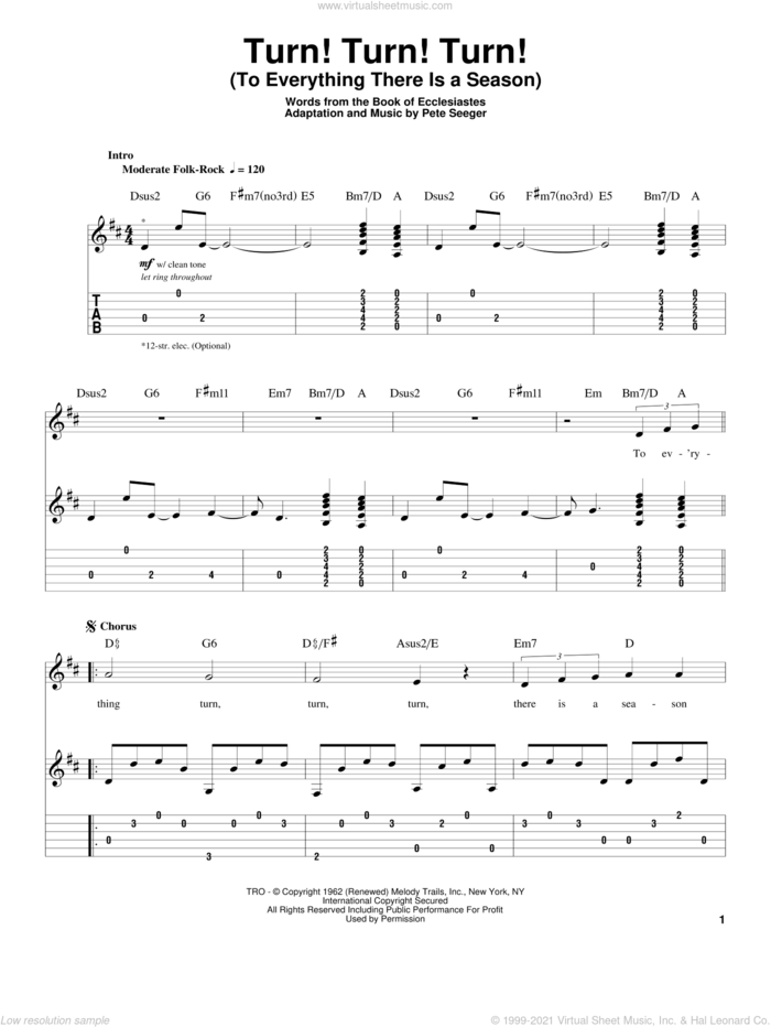 Turn! Turn! Turn! (To Everything There Is A Season) sheet music for guitar (tablature, play-along) by The Byrds and Pete Seeger, intermediate skill level