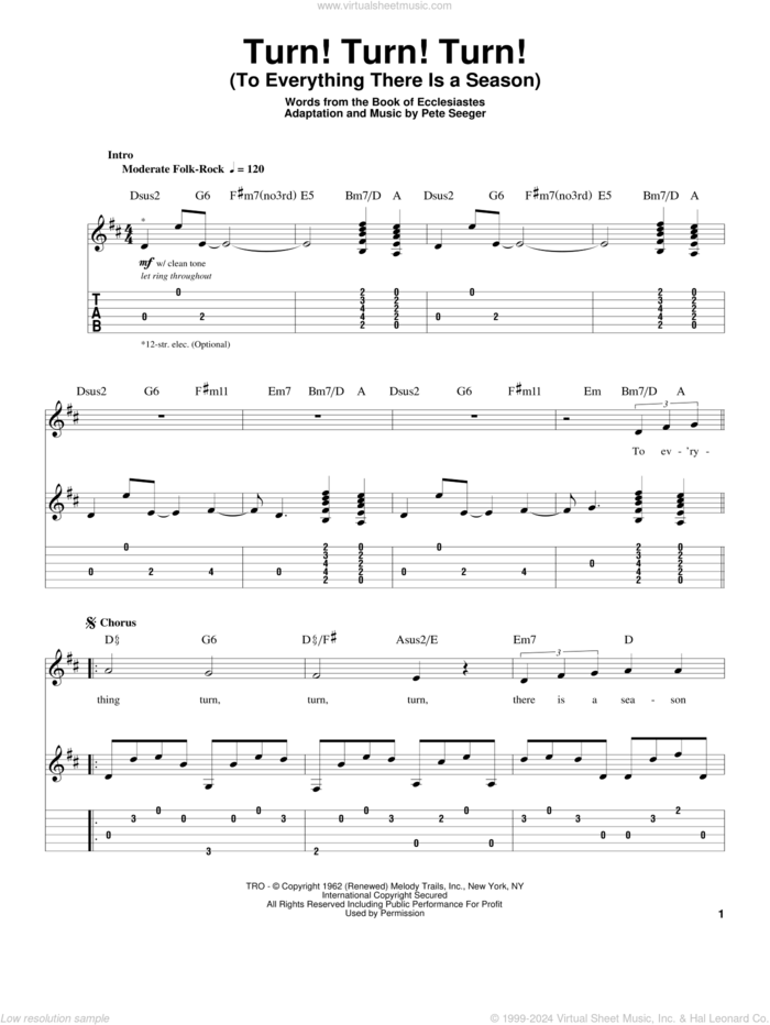 Turn! Turn! Turn! (To Everything There Is A Season) sheet music for guitar (tablature, play-along) by The Byrds and Pete Seeger, intermediate skill level