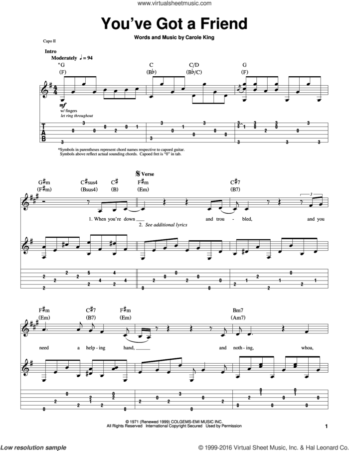 You've Got A Friend sheet music for guitar (tablature, play-along) by James Taylor and Carole King, intermediate skill level