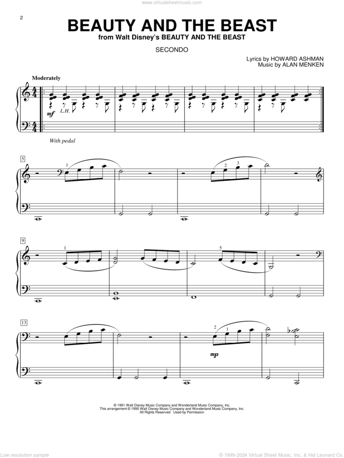 Beauty And The Beast sheet music for piano four hands by Alan Menken, Beauty And The Beast, Alan Menken & Howard Ashman and Howard Ashman, wedding score, intermediate skill level