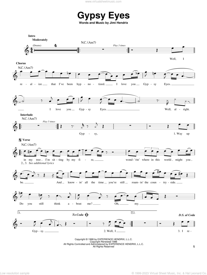 Gypsy Eyes sheet music for guitar solo (chords) by Jimi Hendrix, easy guitar (chords)