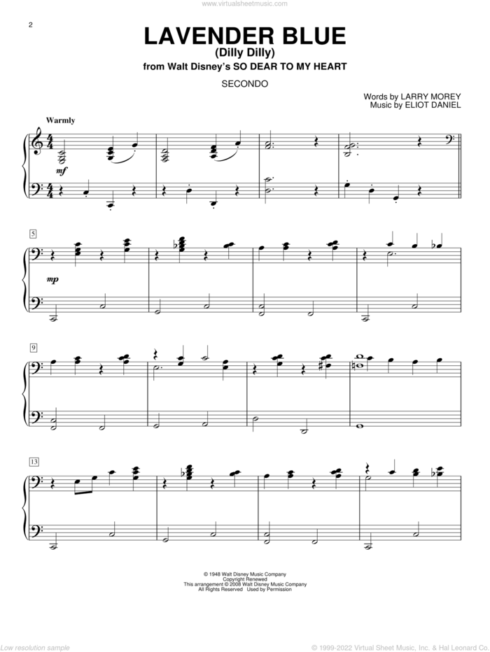 Lavender Blue (Dilly Dilly) (from So Dear To My Heart) sheet music for piano four hands by Burl Ives, Eliot Daniel and Larry Morey, intermediate skill level