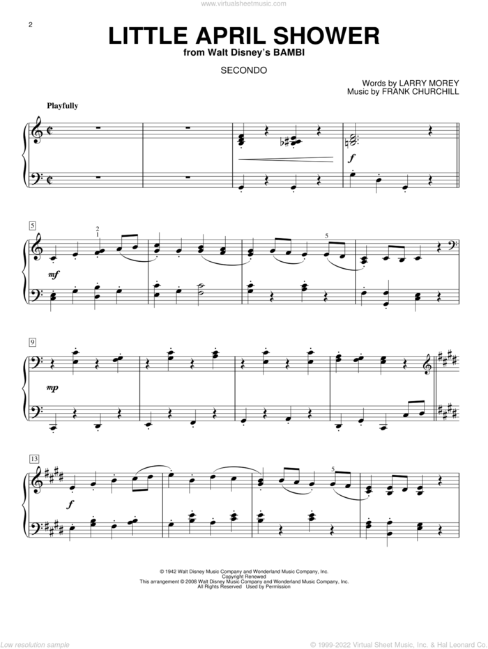 Little April Shower sheet music for piano four hands by Frank Churchill and Larry Morey, intermediate skill level