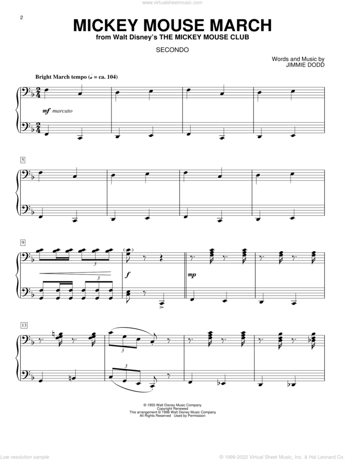 Mickey Mouse March (from The Mickey Mouse Club) sheet music for piano four hands by Jimmie Dodd, intermediate skill level