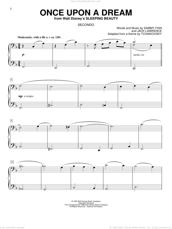 Once Upon A Dream sheet music for piano four hands by Sammy Fain and Jack Lawrence, intermediate skill level
