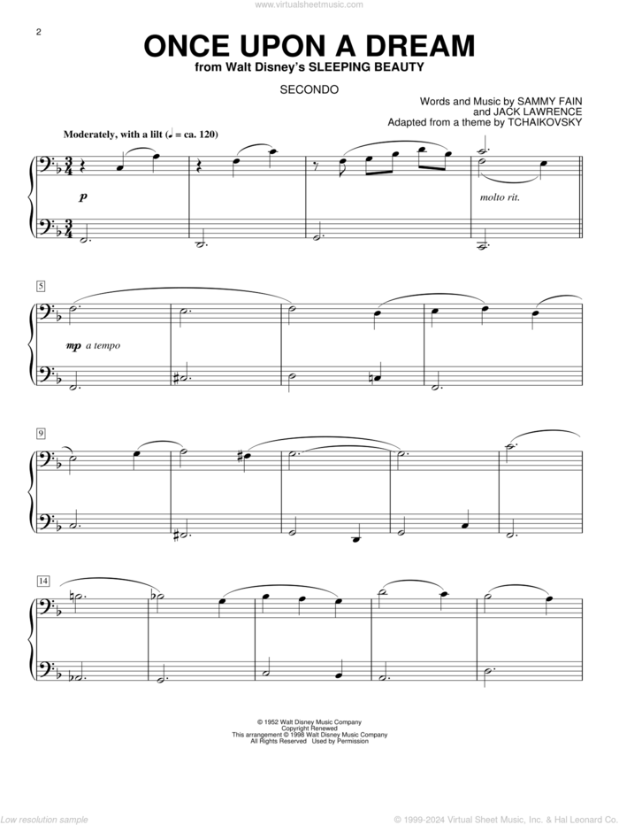 Once Upon A Dream sheet music for piano four hands by Sammy Fain and Jack Lawrence, intermediate skill level