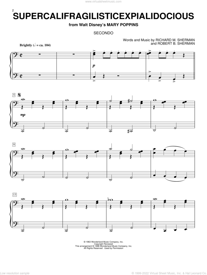 Supercalifragilisticexpialidocious (from Mary Poppins) sheet music for piano four hands by Sherman Brothers, Julie Andrews, Richard M. Sherman and Robert B. Sherman, intermediate skill level