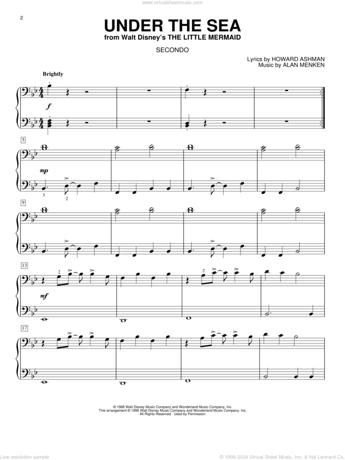 Under The Sea (from The Little Mermaid) sheet music for piano four hands by Alan Menken, The Little Mermaid (Movie) and Howard Ashman, intermediate skill level