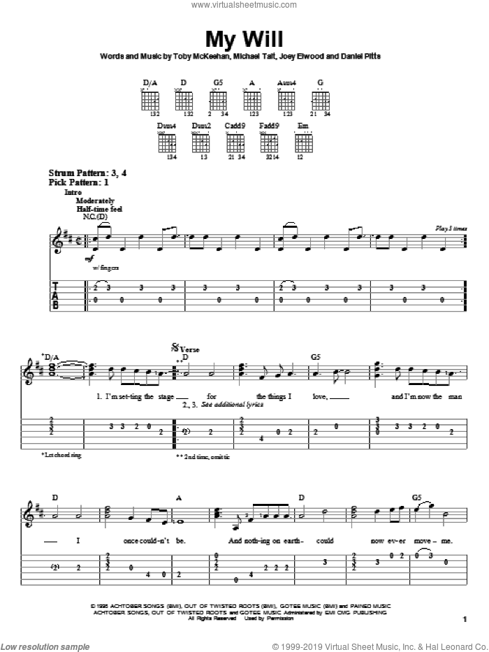 My Will sheet music for guitar solo (easy tablature) by dc Talk, Daniel Pitts, Joey Elwood, Michael Tait and Toby McKeehan, easy guitar (easy tablature)