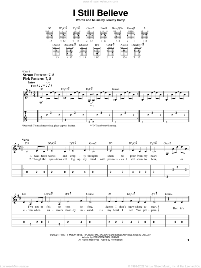 I Still Believe sheet music for guitar solo (easy tablature) by Jeremy Camp, easy guitar (easy tablature)