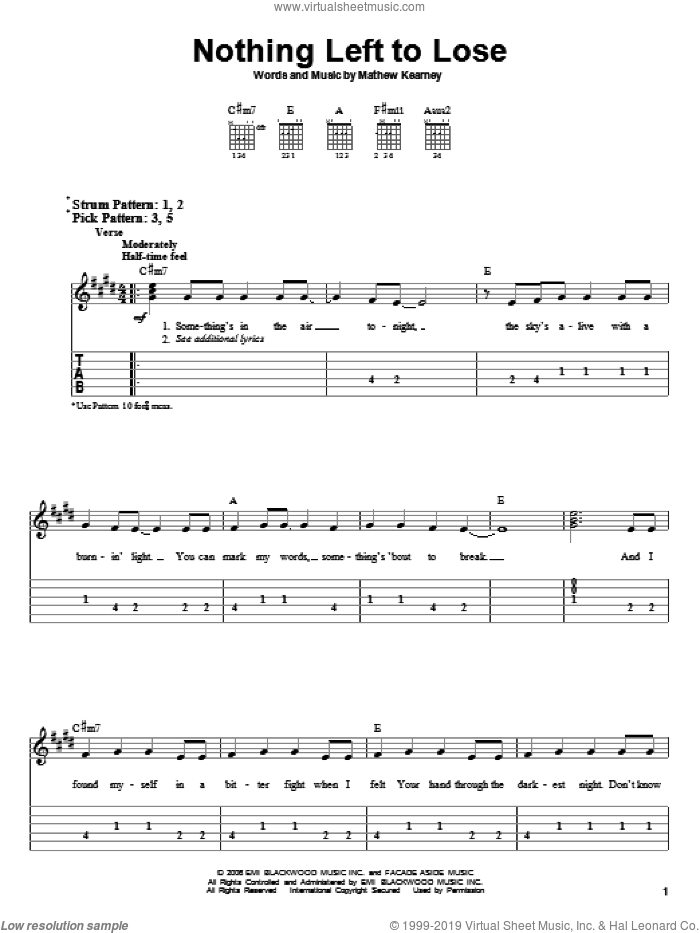 Nothing Left To Lose sheet music for guitar solo (easy tablature) by Mat Kearney and Mathew Kearney, easy guitar (easy tablature)