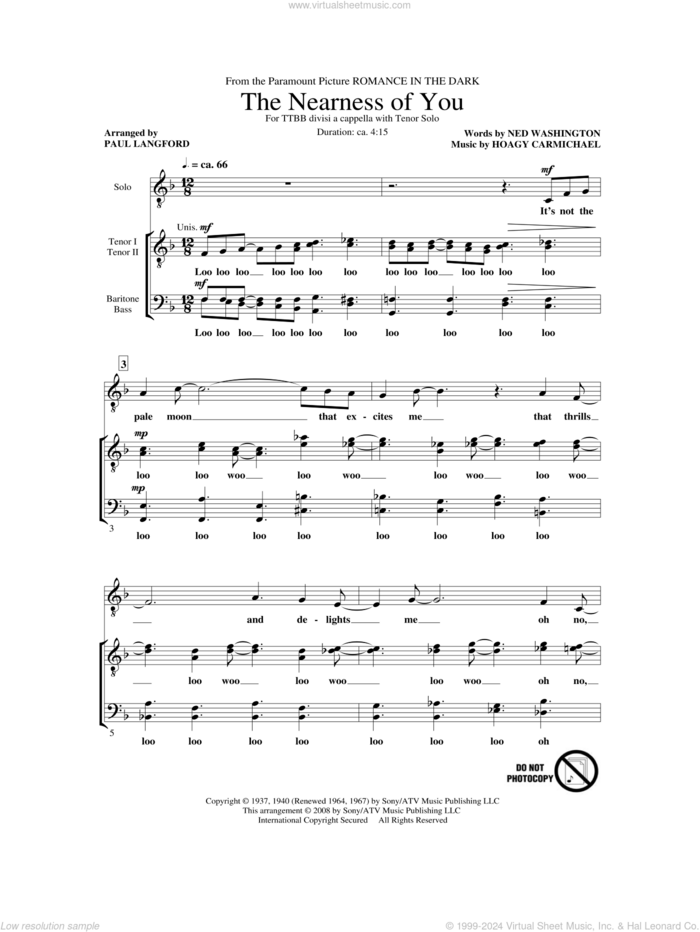 The Nearness Of You sheet music for choir (TTBB: tenor, bass) by Hoagy Carmichael, Ned Washington and Paul Langford, intermediate skill level