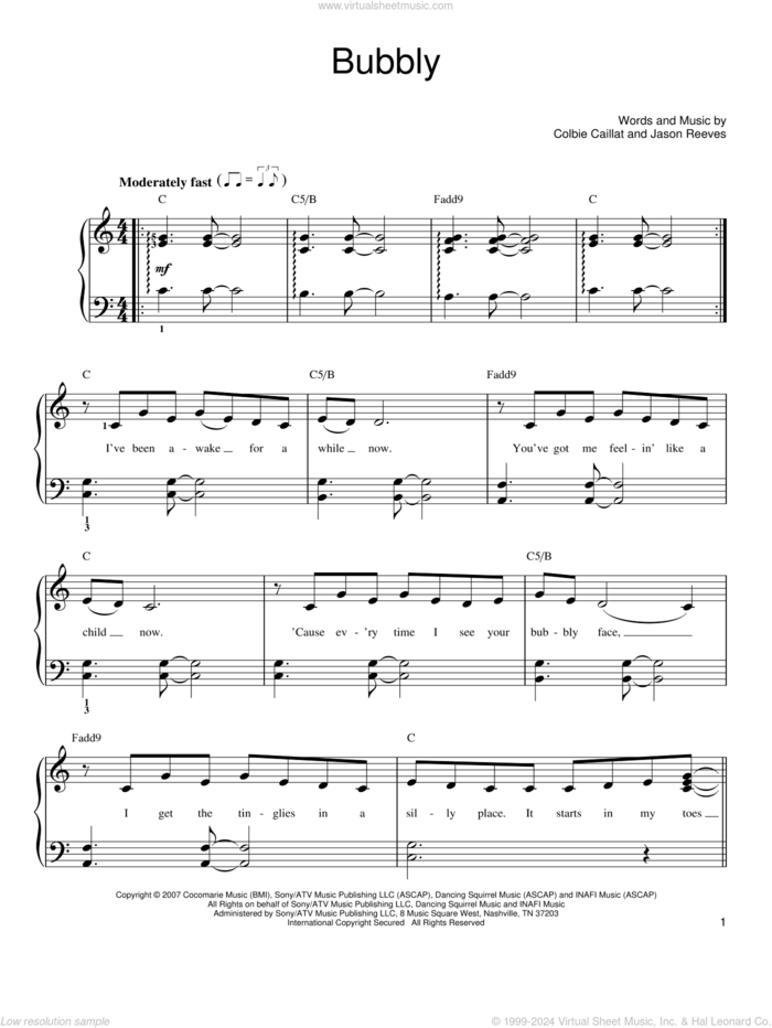 Bubbly sheet music for piano solo by Colbie Caillat and Jason Reeves, easy skill level