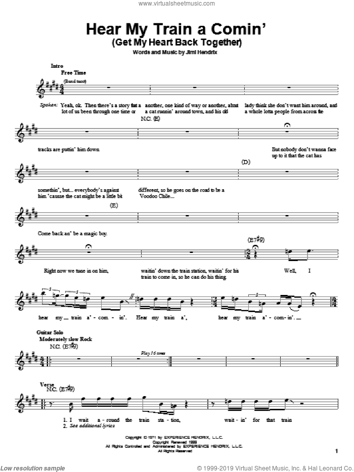 Hear My Train A Comin' (Get My Heart Back Together) sheet music for guitar solo (chords) by Jimi Hendrix, easy guitar (chords)