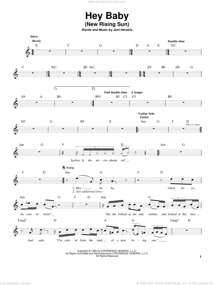 Hey Baby (New Rising Sun) sheet music for guitar solo (chords) by Jimi Hendrix, easy guitar (chords)