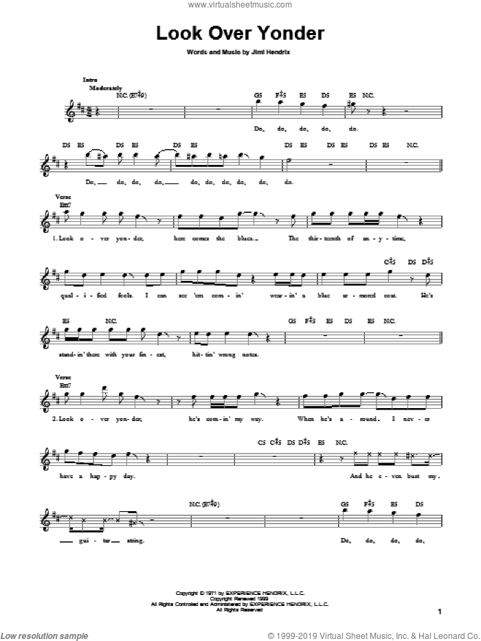 Look Over Yonder sheet music for guitar solo (chords) by Jimi Hendrix, easy guitar (chords)