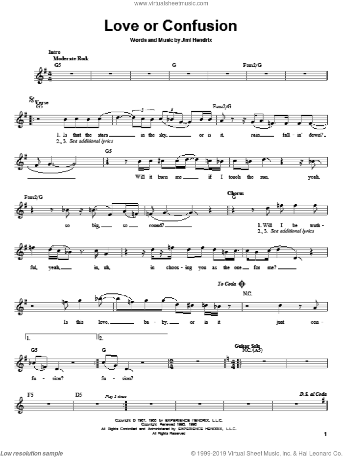 Love Or Confusion sheet music for guitar solo (chords) by Jimi Hendrix and Screaming Trees, easy guitar (chords)