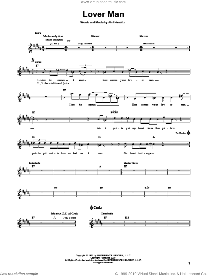 Lover Man sheet music for guitar solo (chords) by Jimi Hendrix, easy guitar (chords)