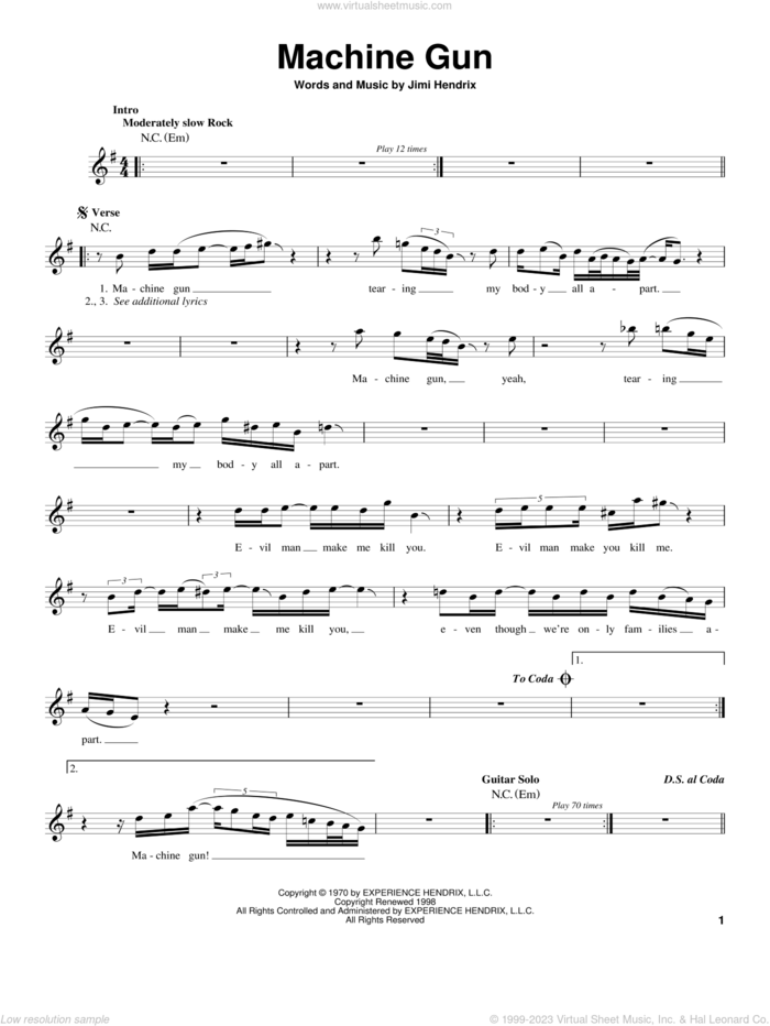 Machine Gun sheet music for guitar solo (chords) by Jimi Hendrix, easy guitar (chords)