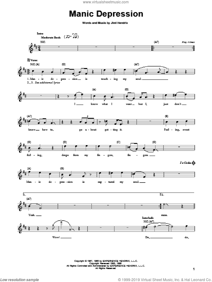 Manic Depression sheet music for guitar solo (chords) by Jimi Hendrix and Yngwie Malmsteen, easy guitar (chords)