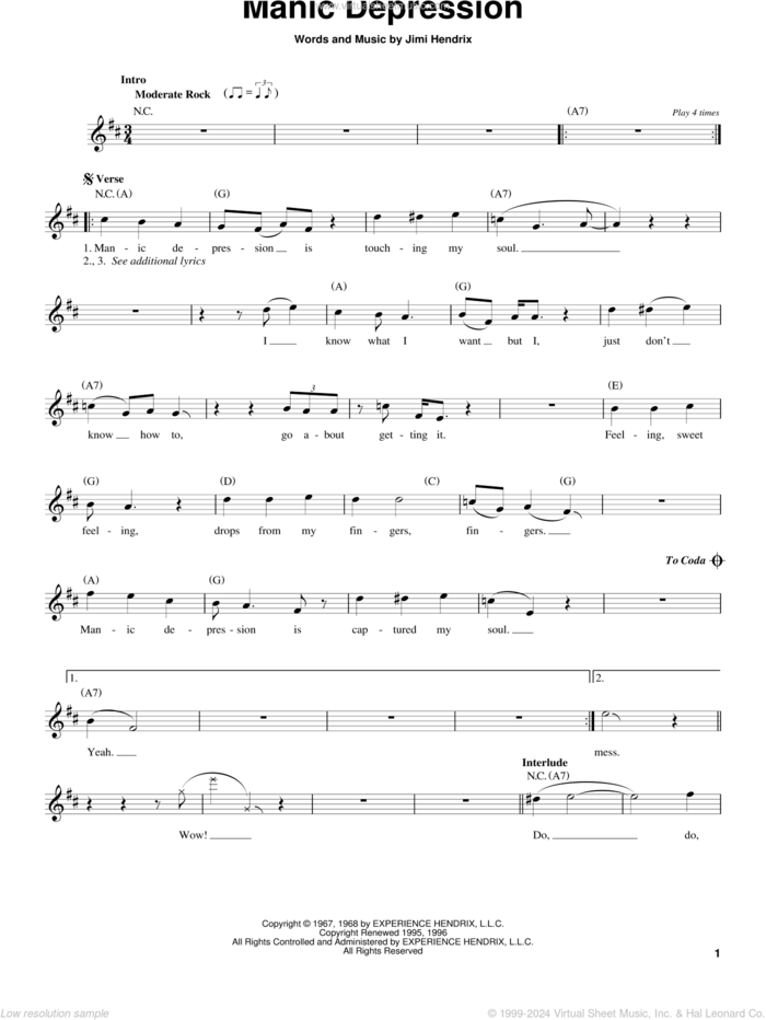 Manic Depression sheet music for guitar solo (chords) by Jimi Hendrix and Yngwie Malmsteen, easy guitar (chords)