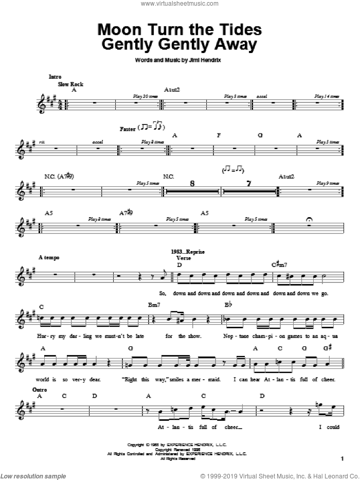 Moon Turn The Tides Gently Gently Away sheet music for guitar solo (chords) by Jimi Hendrix, easy guitar (chords)