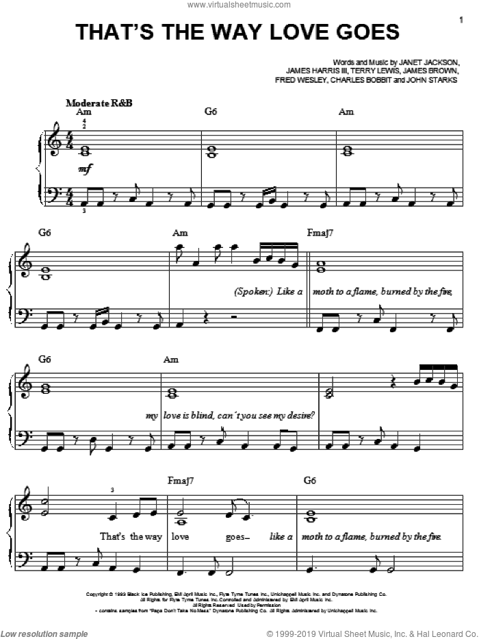 That's The Way Love Goes sheet music for piano solo by Janet Jackson, Charles Bobbit, Fred Wesley, James Brown, James Harris, John Starks and Terry Lewis, easy skill level
