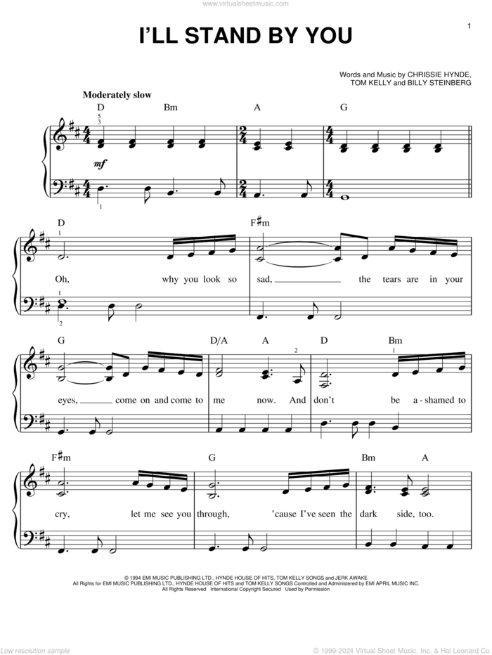 I'll Stand By You sheet music for piano solo by The Pretenders, Miscellaneous, Billy Steinberg, Chrissie Hynde and Tom Kelly, easy skill level