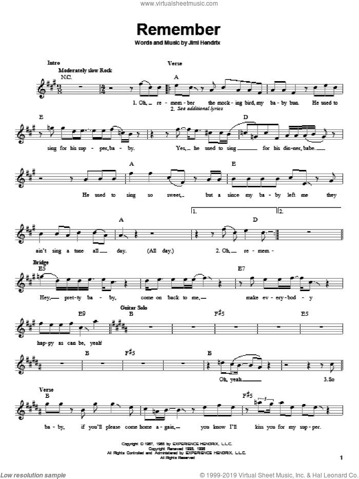 Remember sheet music for guitar solo (chords) by Jimi Hendrix, easy guitar (chords)