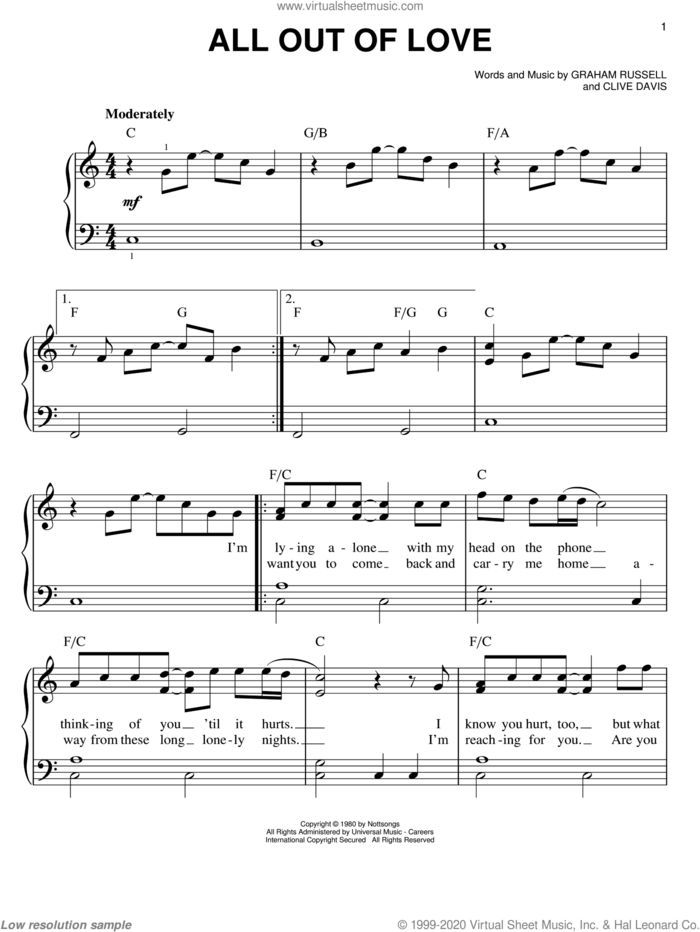 All Out Of Love, (easy) sheet music for piano solo by Air Supply, Clive Davis and Graham Russell, easy skill level