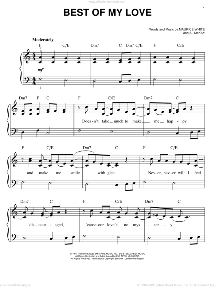 Best Of My Love sheet music for piano solo by The Emotions, Al McKay and Maurice White, wedding score, easy skill level