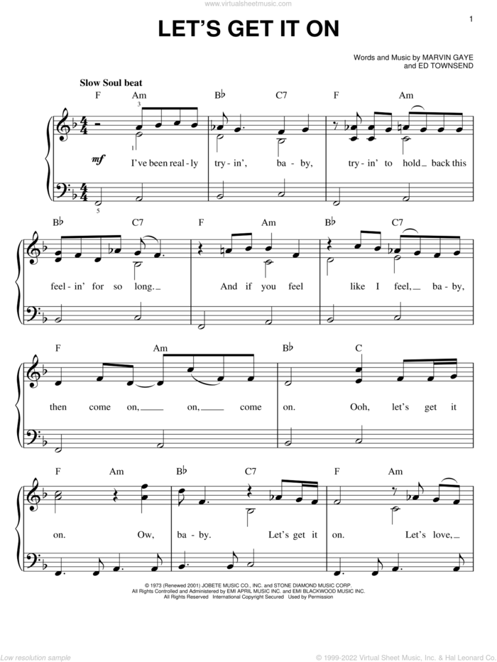 Let's Get It On sheet music for piano solo by Marvin Gaye and Ed Townsend, easy skill level