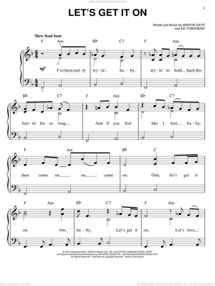 Let's Get It On sheet music for piano solo by Marvin Gaye and Ed Townsend, easy skill level