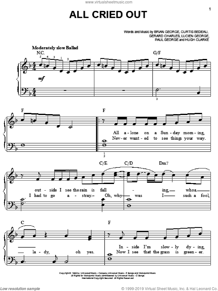 All Cried Out sheet music for piano solo by Lisa Lisa & Cult Jam, Allure, Brian George, Curtis Bedeau, Gerard Charles, Hugh Clarke, Lucien George and Paul George, easy skill level