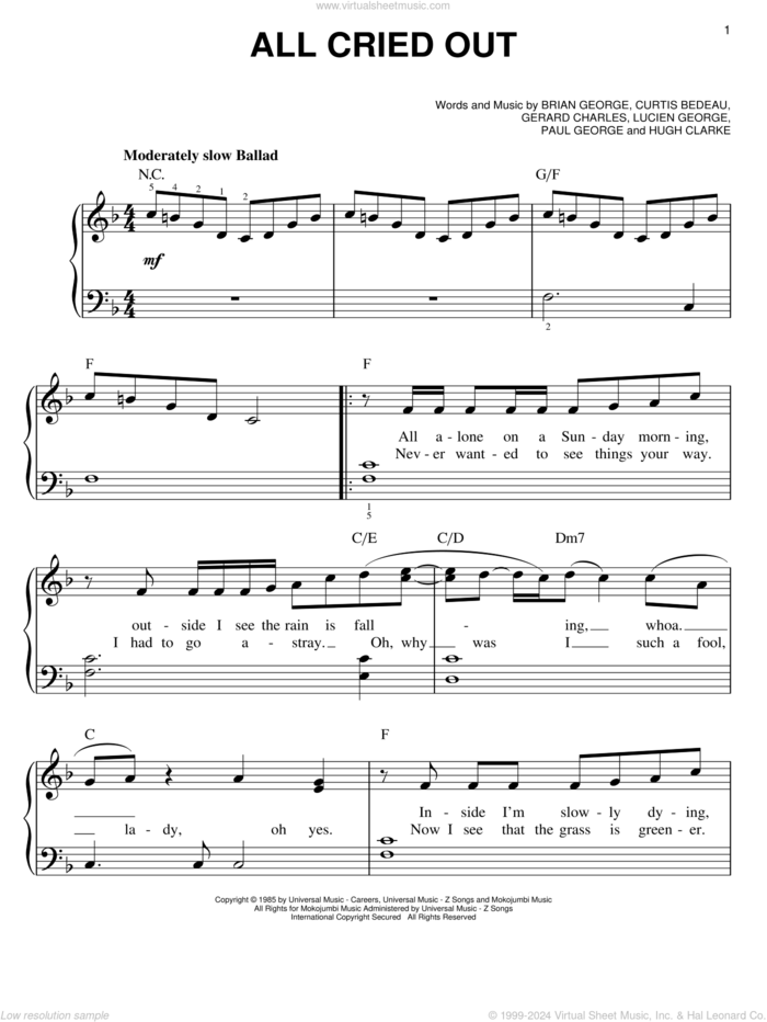 All Cried Out sheet music for piano solo by Lisa Lisa & Cult Jam, Allure, Brian George, Curtis Bedeau, Gerard Charles, Hugh Clarke, Lucien George and Paul George, easy skill level