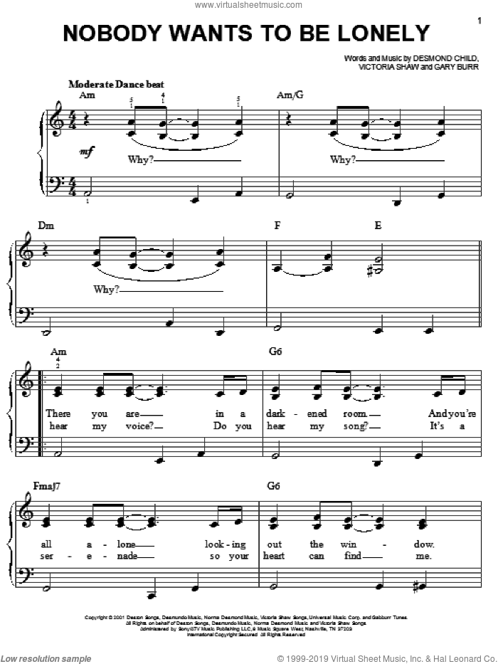 Nobody Wants To Be Lonely sheet music for piano solo by Ricky Martin with Christina Aguilera, Christina Aguilera, Ricky Martin, Desmond Child, Gary Burr and Victoria Shaw, easy skill level