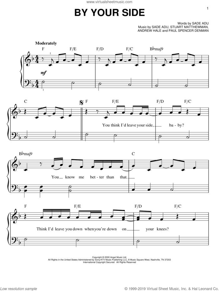 By Your Side sheet music for piano solo by Sade, Andrew Hale, Paul Spencer Denman, Sade Adu and Stuart Matthewman, easy skill level
