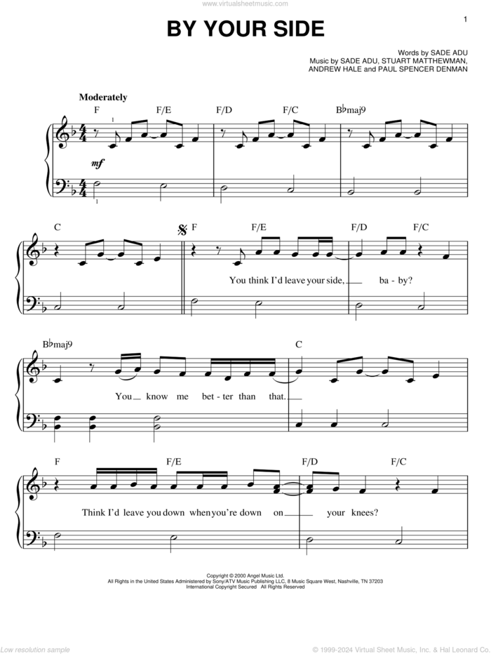 By Your Side sheet music for piano solo by Sade, Andrew Hale, Paul Spencer Denman, Sade Adu and Stuart Matthewman, easy skill level