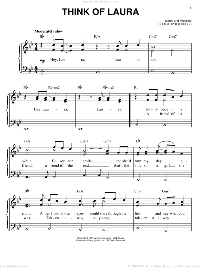 Think Of Laura sheet music for piano solo by Christopher Cross, easy skill level