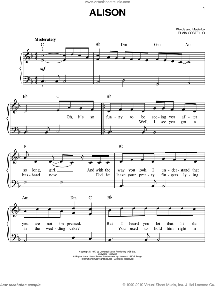 Alison, (easy) sheet music for piano solo by Elvis Costello, easy skill level