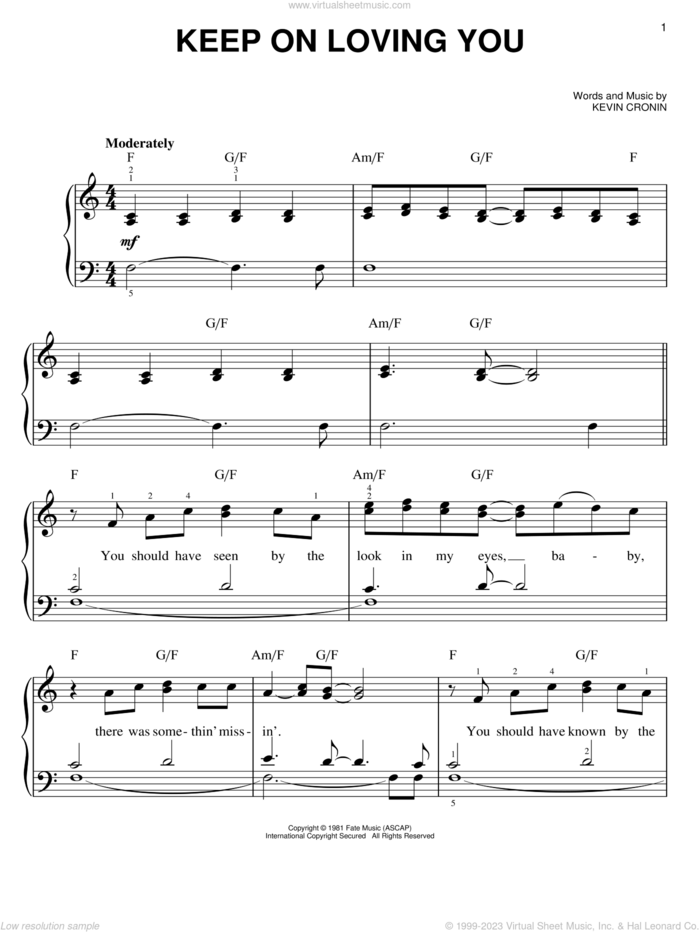 Keep On Loving You sheet music for piano solo by REO Speedwagon and Kevin Cronin, easy skill level