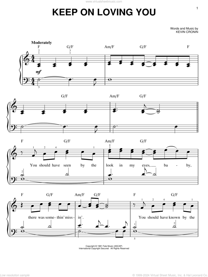 Keep On Loving You sheet music for piano solo by REO Speedwagon and Kevin Cronin, easy skill level